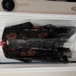 Burn out black velvet floral kimono